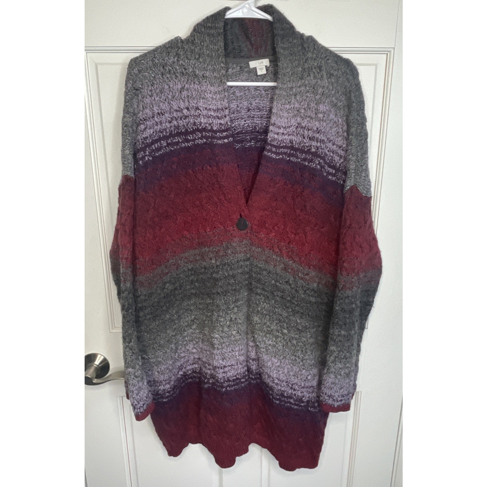 J Jill Women's Cable Knit Long Line Cardigan Duster Sweater Sz L Marled Boho